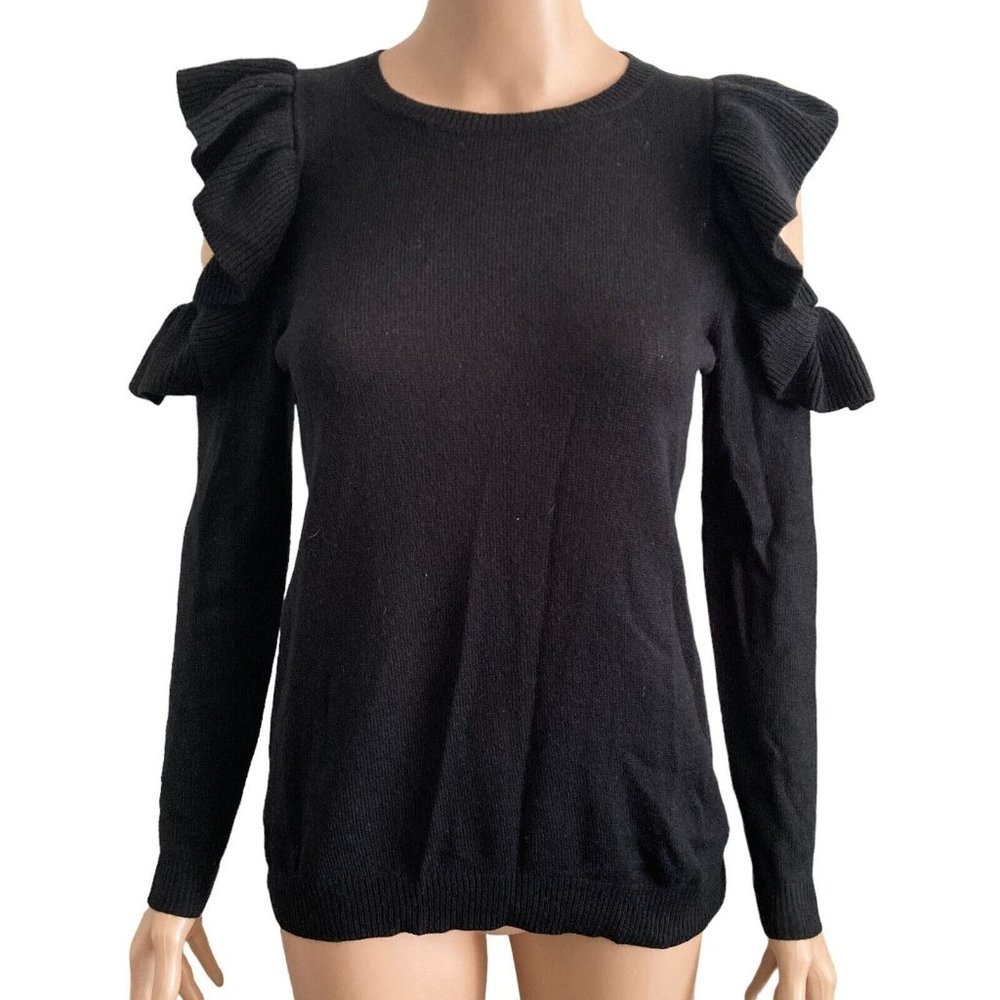 Love On A Hanger Sweater Womens XS Black Ruffled Cold Shoulder Pullover